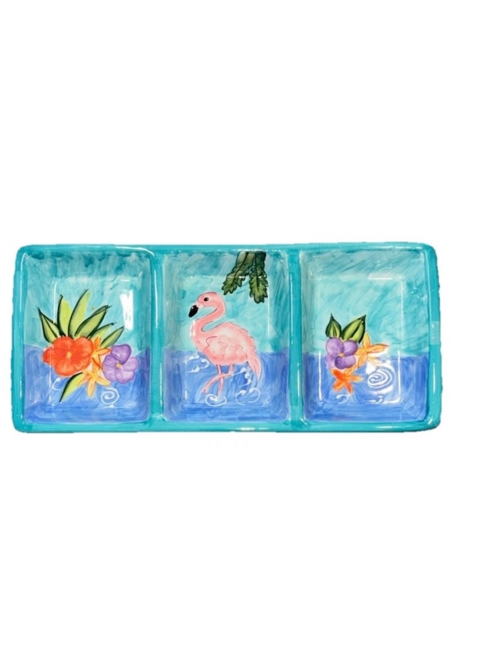 Ceramic Flamingo Triple Dip Relish or Condiment Serving Tray Hausenware 14x6